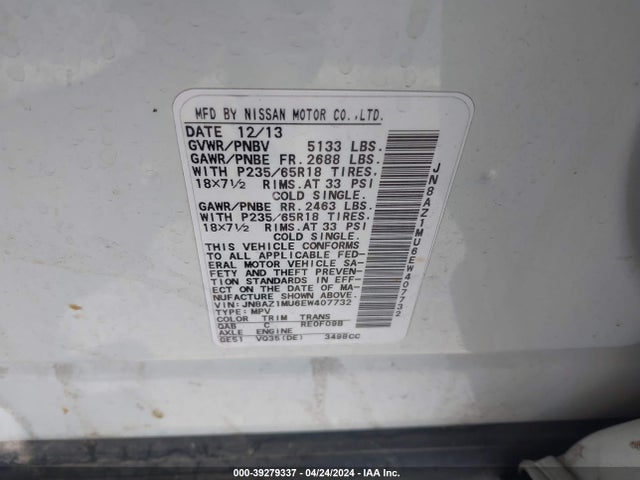 Nissan MURANO SL 2014 JN8AZ1MU6EW407732 Image 9