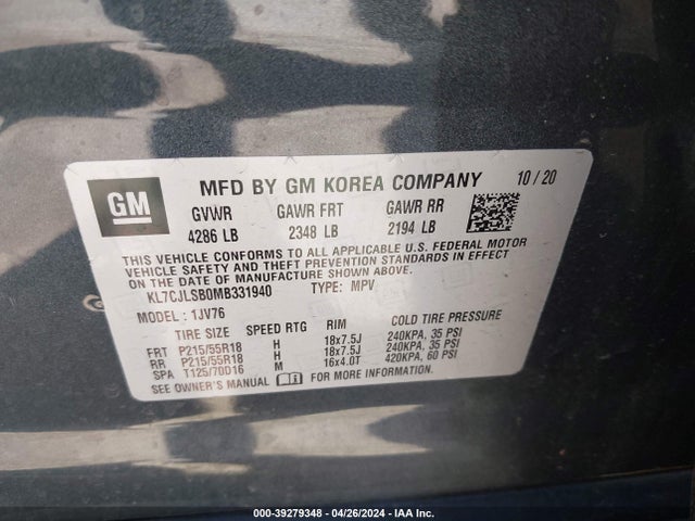 Chevrolet Trax Fwd Lt 2021 KL7CJLSB0MB331940 Image 9