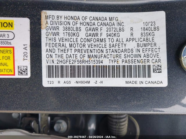 Honda Civic Sport 2024 2HGFE2F56RH515394 Image 9
