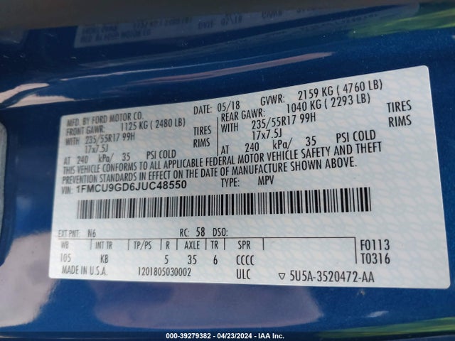 Ford ESCAPE SE 2018 1FMCU9GD6JUC48550 Image 9