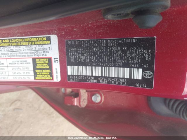 4T1C11AK8NU001375 Toyota CAMRY LE