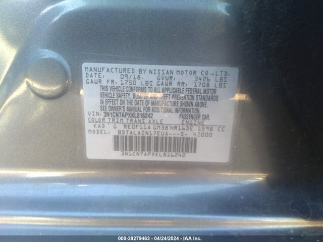 Nissan Versa 1.6 S+ 2019 3N1CN7APXKL816242 Image 9