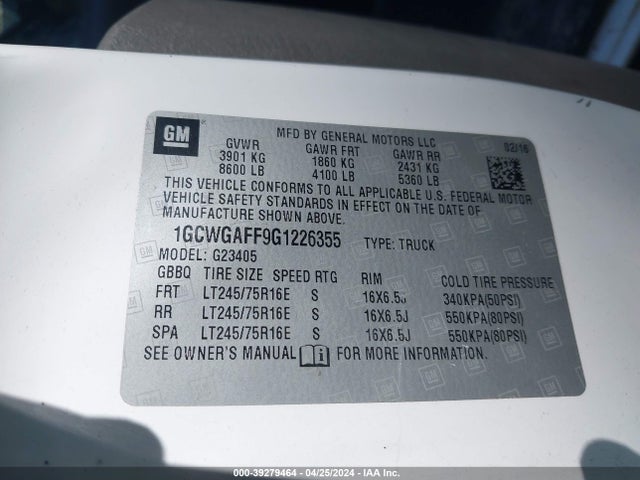 Chevrolet Express 2500 Work Van 2016 1GCWGAFF9G1226355 Image 9