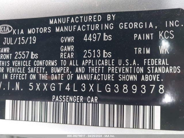 KIA Optima Lx 2020 5XXGT4L3XLG389378 Image 9