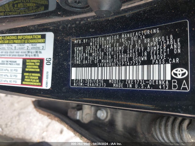 Toyota COROLLA LE 2014 5YFBURHE2EP147757 Image 9