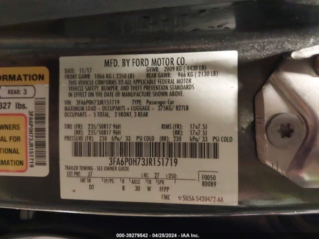 Ford FUSION SE 2018 3FA6P0H73JR151719 Image 9