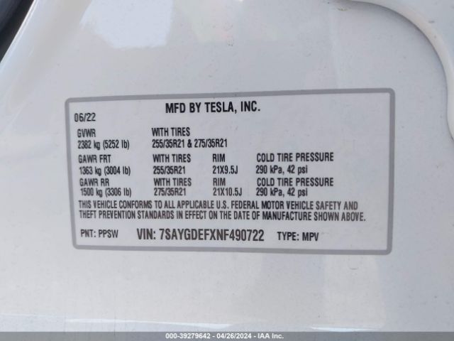 7SAYGDEFXNF490722 Tesla Model Y Performance Dual Motor All-wheel Drive