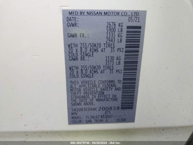 5N1DR3CDXNC200859 Nissan Pathfinder Sl 4wd