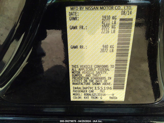 Nissan Altima 2.5 S 2015 1N4AL3AP7FC155196 Image 9