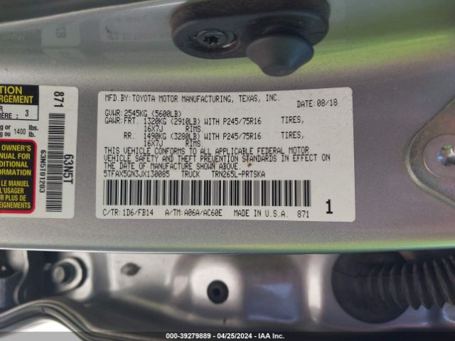 5TFAX5GN3JX130085 Toyota Tacoma Sr