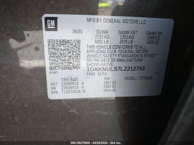 1GKKNULS7LZ212753 GMC Acadia Awd Slt