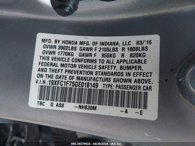 Honda CIVIC EXL 2016 19XFC1F75GE018149 Image 9