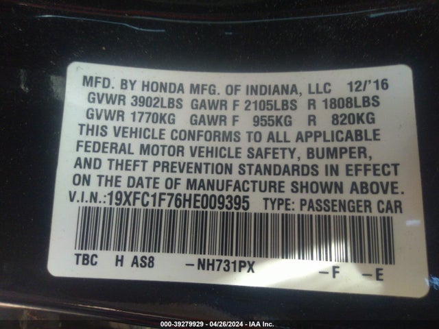 Honda CIVIC EXL 2017 19XFC1F76HE009395 Image 9