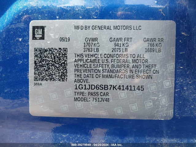 Chevrolet Sonic Lt Auto 2019 1G1JD6SB7K4141145 Image 9