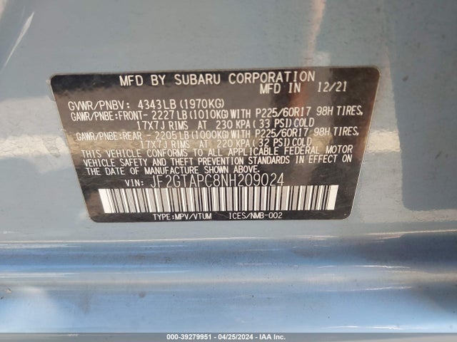 Subaru Crosstrek Premium 2022 JF2GTAPC8NH209024 Image 9