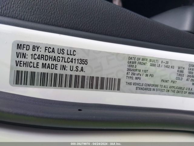 1C4RDHAG7LC411355 Dodge Durango Sxt Plus Rwd