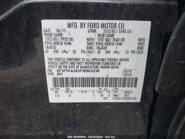 Ford EDGE SEL 2015 2FMTK4J93FBB63238 Image 9