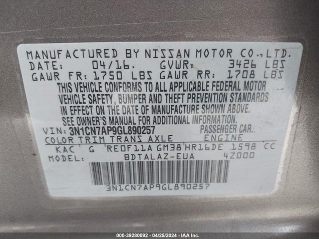 Nissan Versa 1.6 S+ 2016 3N1CN7AP9GL890257 Image 9