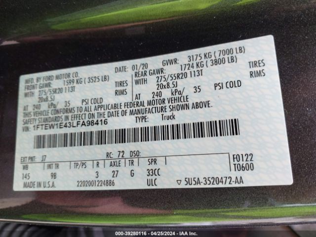 1FTEW1E43LFA98416 Ford F-150 Platinum