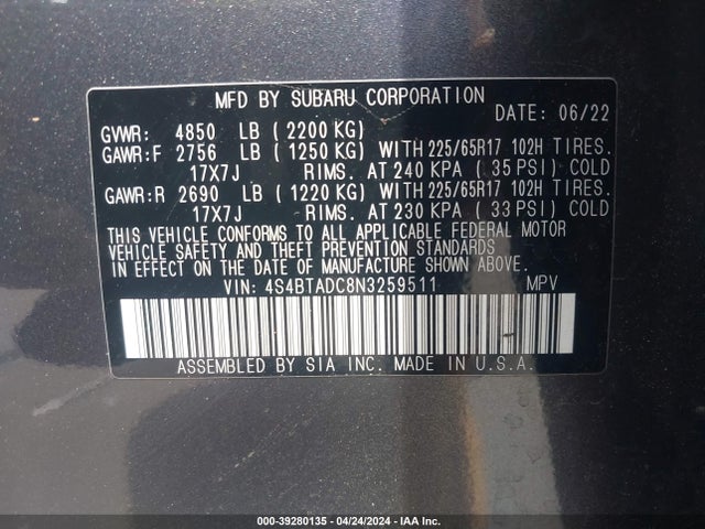 Subaru Outback Premium 2022 4S4BTADC8N3259511 Image 9
