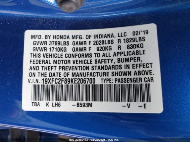19XFC2F89KE206700 Honda Civic Sport