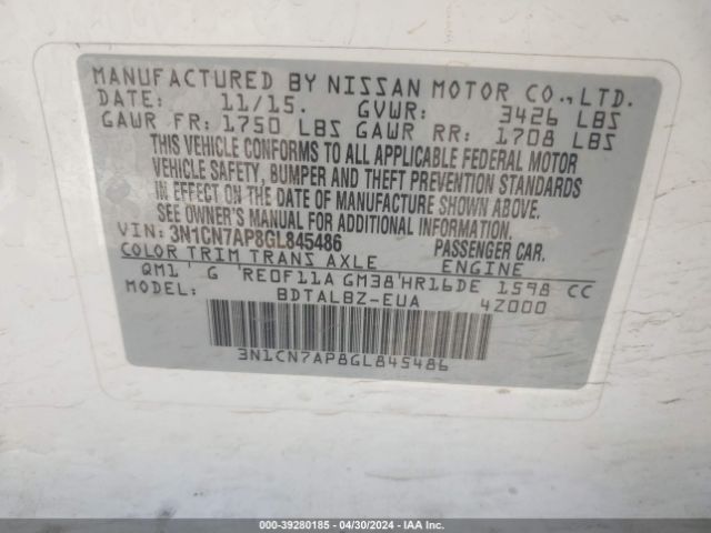 3N1CN7AP8GL845486 Nissan Versa 1.6 S/1.6 S+/1.6 Sl/1.6 Sv