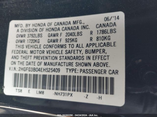 2HGFG3B04EH525409 Honda Civic Ex-l