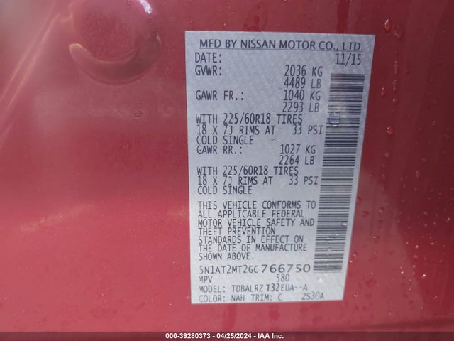 Nissan Rogue Sl 2016 5N1AT2MT2GC766750 Image 9