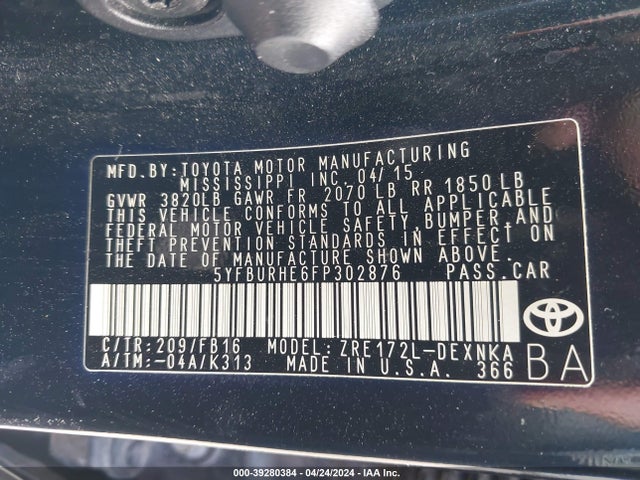 Toyota COROLLA LE 2015 5YFBURHE6FP302876 Image 9