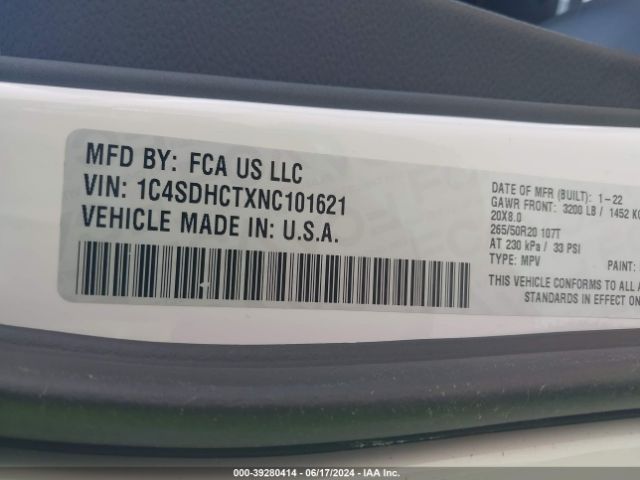 1C4SDHCTXNC101621 Dodge Durango R/t Rwd