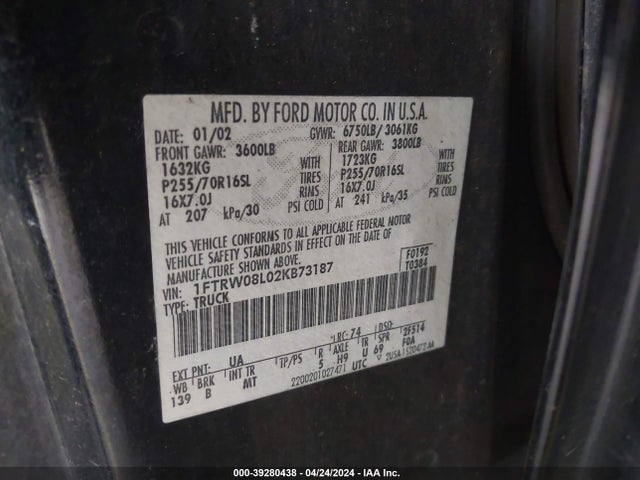 Продаж на аукціоні авто 2002 Ford F-150 Lariat/xlt, vin: 1FTRW08L02KB73187, номер лоту: 39280438