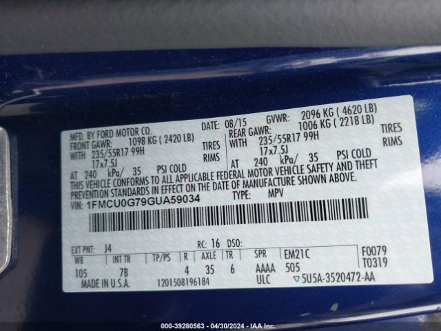 1FMCU0G79GUA59034 Ford ESCAPE SE