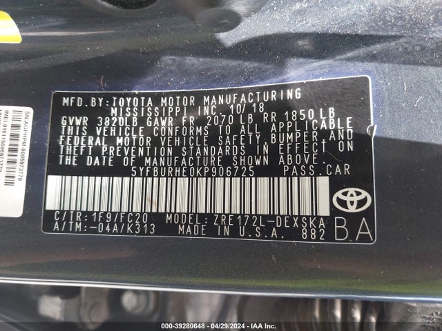 Toyota COROLLA SE 2019 5YFBURHE0KP906725 Image 9