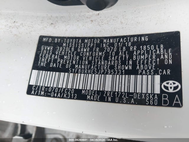 Toyota COROLLA SE 2018 5YFBURHE5JP795331 Image 9