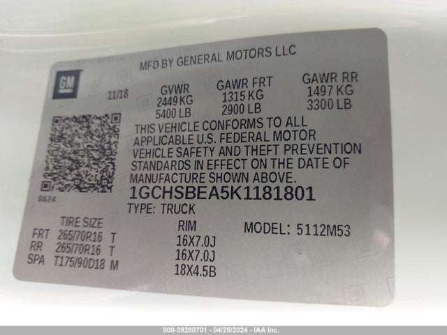 Chevrolet Colorado Wt 2019 1GCHSBEA5K1181801 Image 9