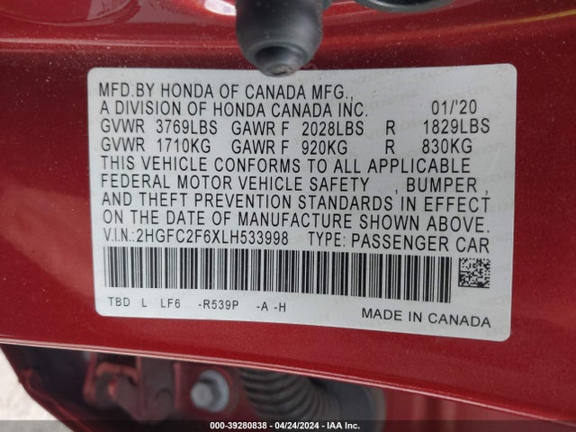 Honda Civic Lx 2020 2HGFC2F6XLH533998 Image 9