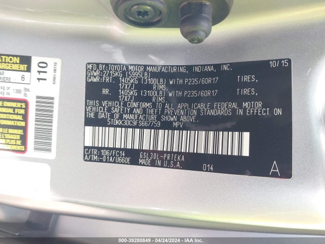 Toyota Sienna Le 8 Passenger 2015 5TDKK3DC9FS667759 Image 9