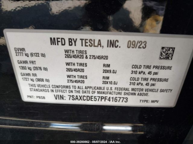 7SAXCDE57PF416773 Tesla Model X Dual Motor All-wheel Drive/standard Range