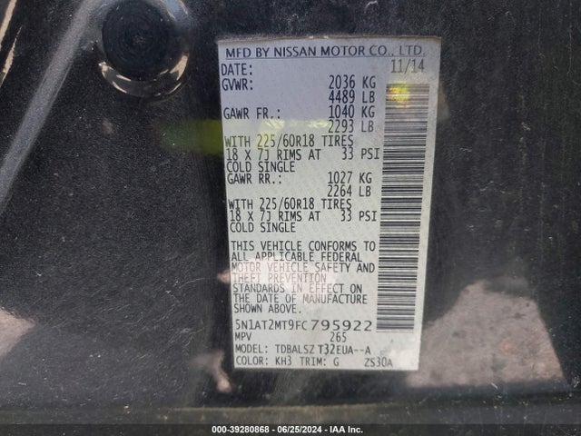 Nissan Rogue Sl 2015 5N1AT2MT9FC795922 Image 9