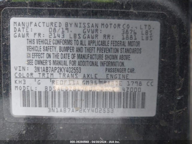 Nissan SENTRA SV 2019 3N1AB7AP2KY402553 Image 9