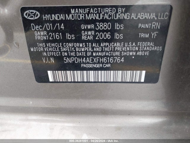 Hyundai ELANTRA SE 2015 5NPDH4AEXFH616764 Image 9