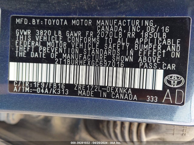 Toyota COROLLA LE 2016 2T1BURHEXGC697016 Image 9