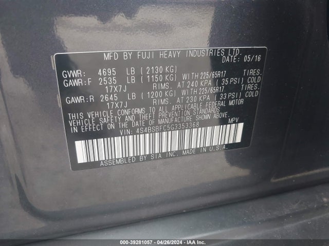 Subaru Outback 2.5i Premium 2016 4S4BSBFC5G3353368 Image 9