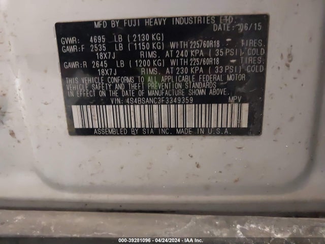 Subaru Outback 2.5i Limited 2015 4S4BSANC3F3349359 Image 9