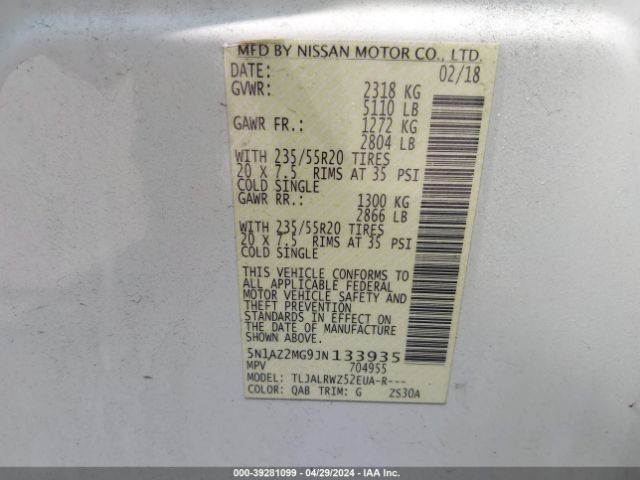 5N1AZ2MG9JN133935 Nissan MURANO SL
