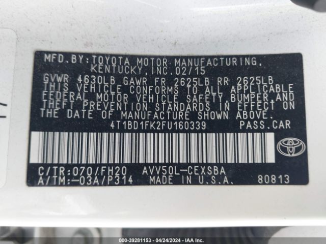 4T1BD1FK2FU160339 Toyota Camry Hybrid Se