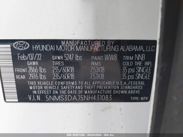 Hyundai Santa Fe Sel 2022 5NMS3DAJ5NH431083 Image 9