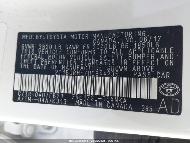 Toyota COROLLA LE 2017 2T1BURHE7HC944235 Image 9