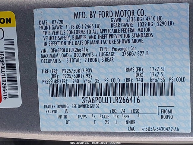 Ford Fusion Hybrid Se 2020 3FA6P0LU1LR266416 Image 9