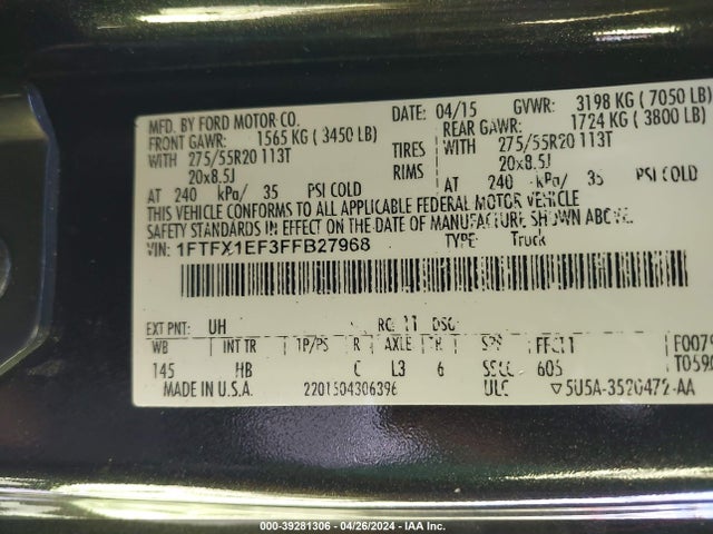 Ford F-150 Lariat 2015 1FTFX1EF3FFB27968 Image 9